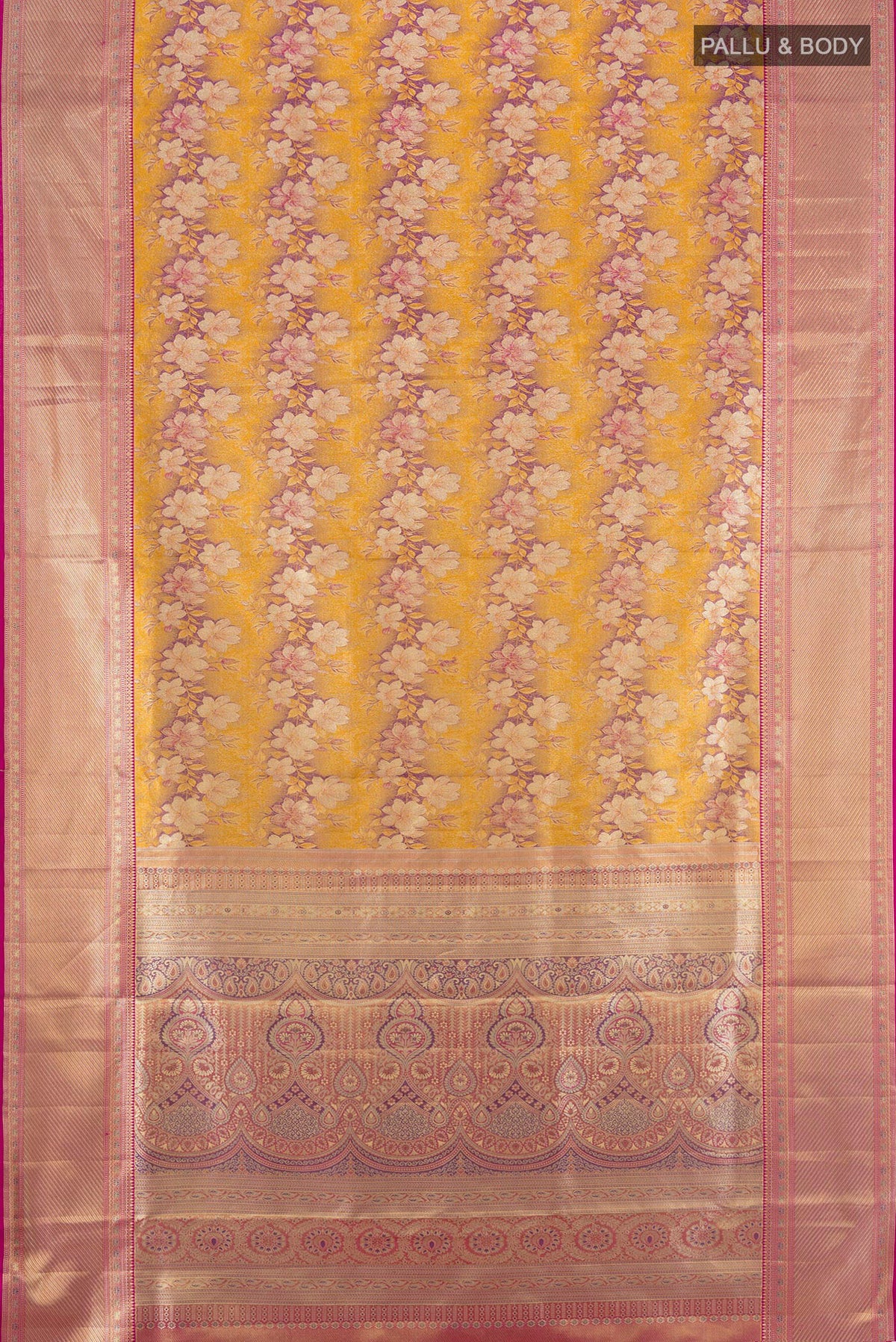 Flat view of Pure Silk Yellow Kanchipuram Saree with Zari Brocade on the body and Zari Border. 