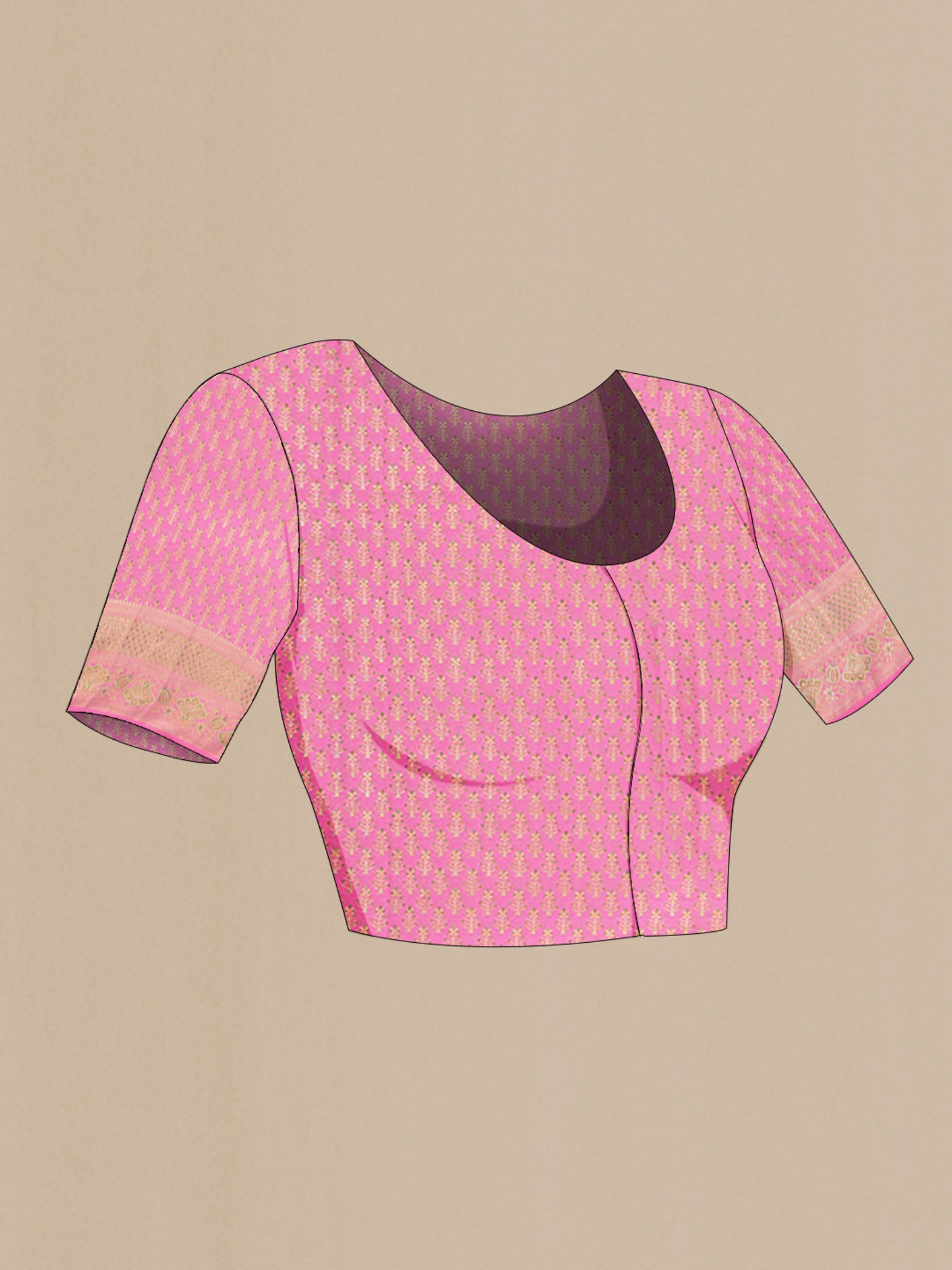 Close up image of the blouse of Rose pink Kanchipuram Tissue Silk Saree with Zari Brocade on the body and Zari Border. 
