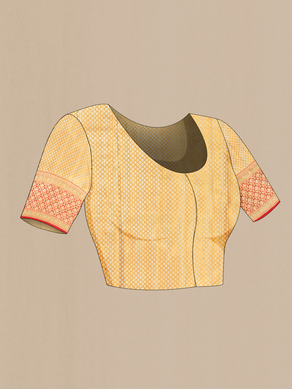 Close up image of the blouse of Golden Kanchipuram Tissue Silk Saree with Zari Brocade on the body and Zari Border. 