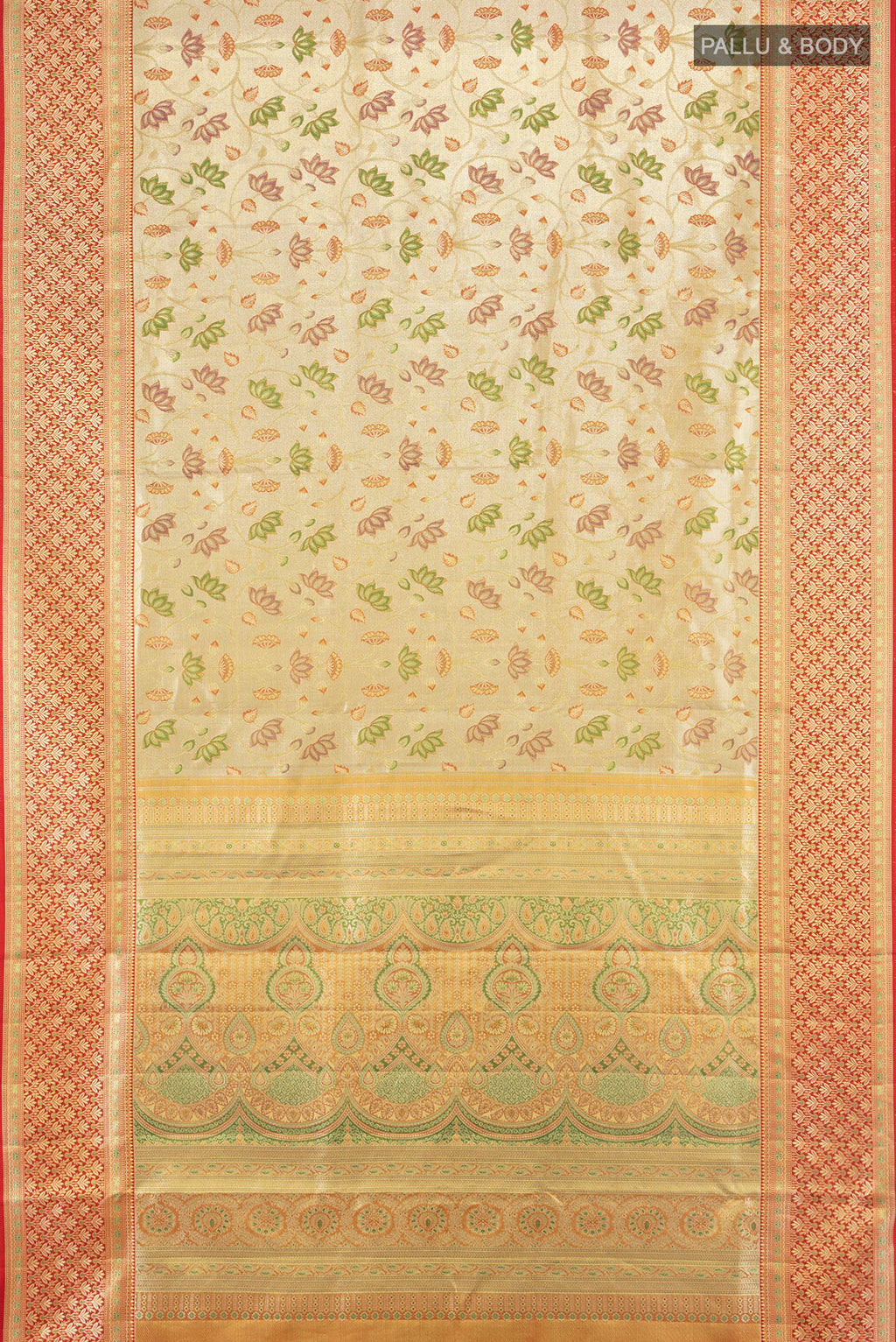 Flat view of Golden Kanchipuram Tissue Silk Saree with Zari Brocade on the body and Zari Border. 