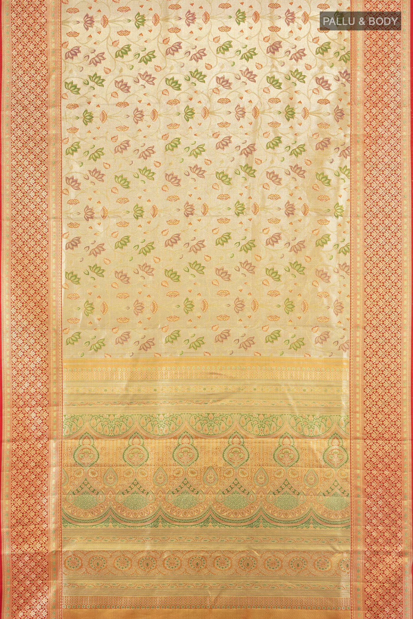 Flat view of Golden Kanchipuram Tissue Silk Saree with Zari Brocade on the body and Zari Border. 