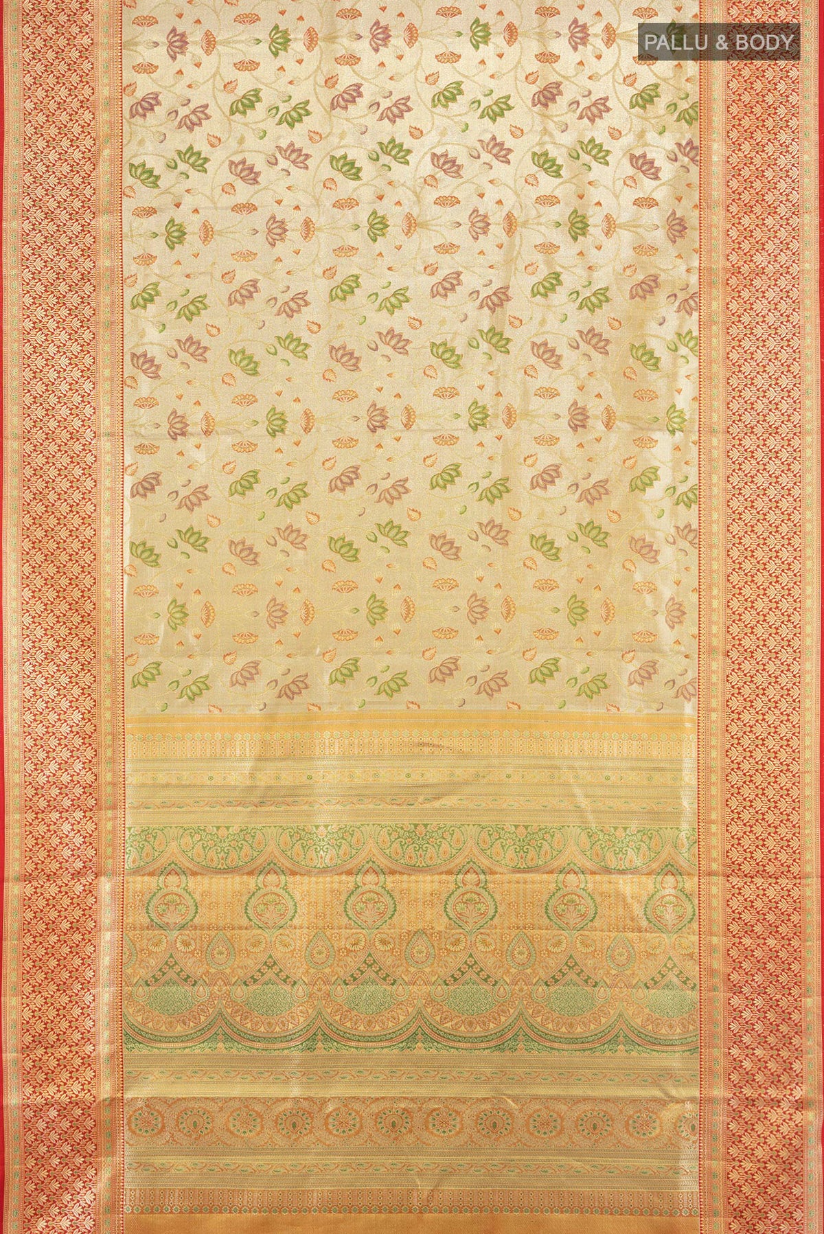 Flat view of Golden Kanchipuram Tissue Silk Saree with Zari Brocade on the body and Zari Border. 