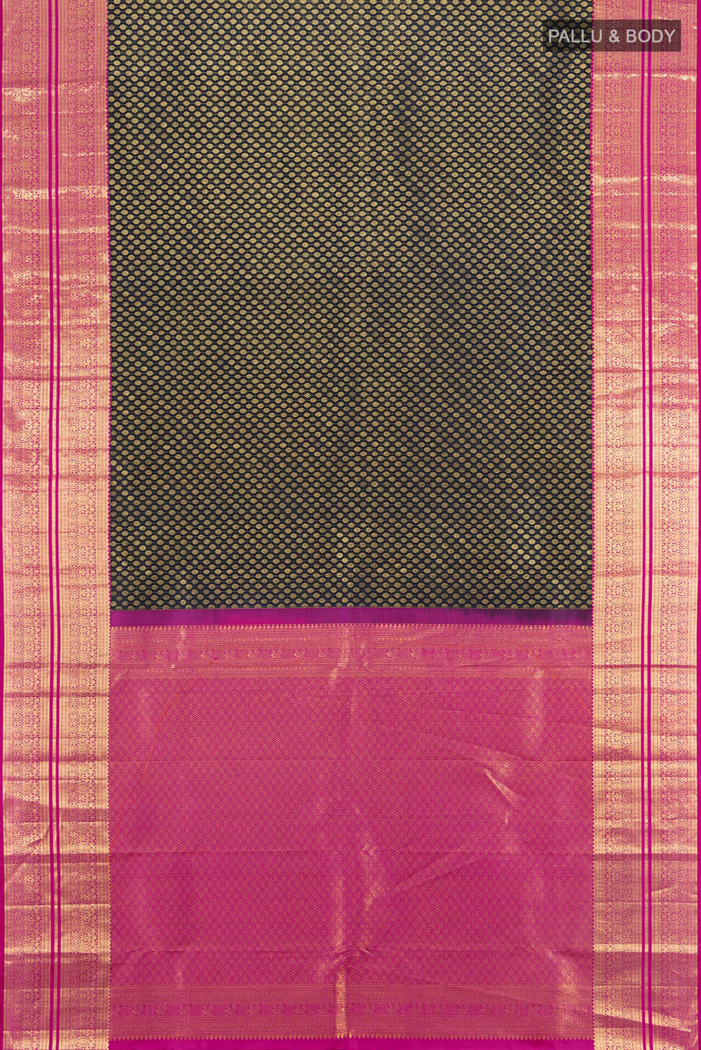 Flat view of Black Kanchipuram Silk Saree with Zari Brocade on the body and Zari Border. 