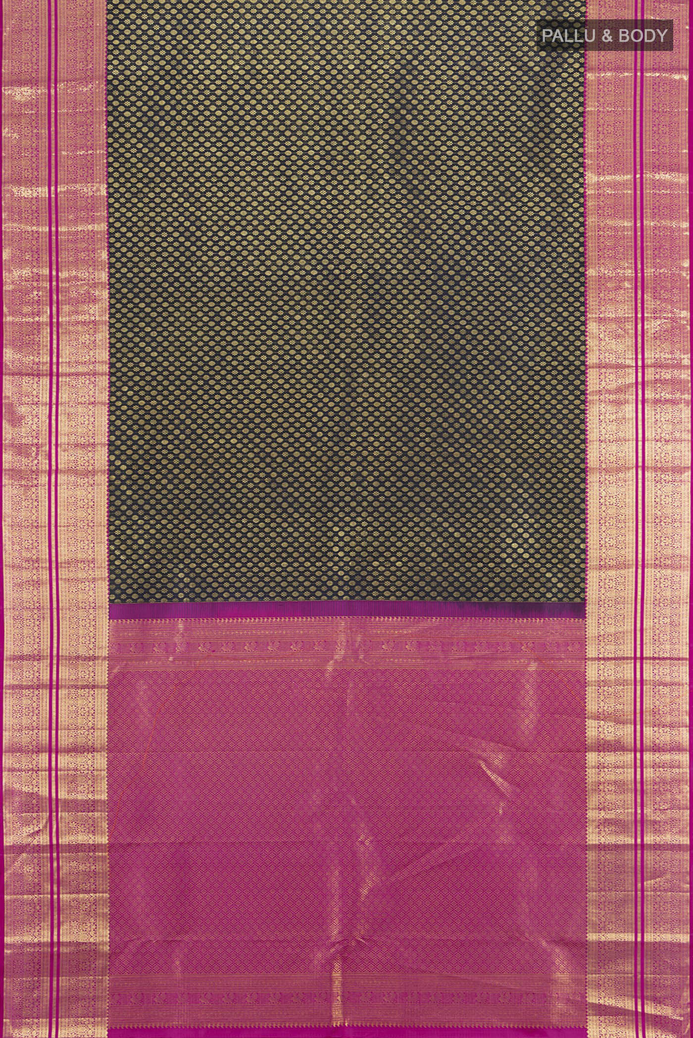 Flat view of Black Kanchipuram Silk Saree with Zari Brocade on the body and Zari Border. 