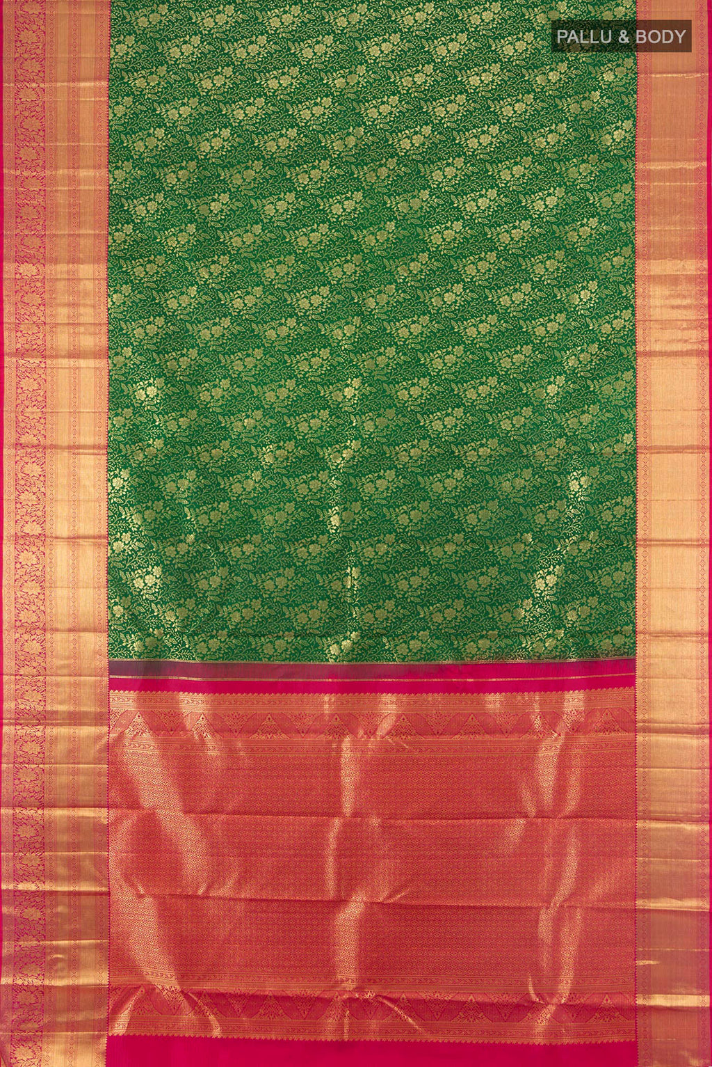 Flat view of Pure Silk Green Kanchipuram Saree with Zari Brocade on the body and Zari Border. 
