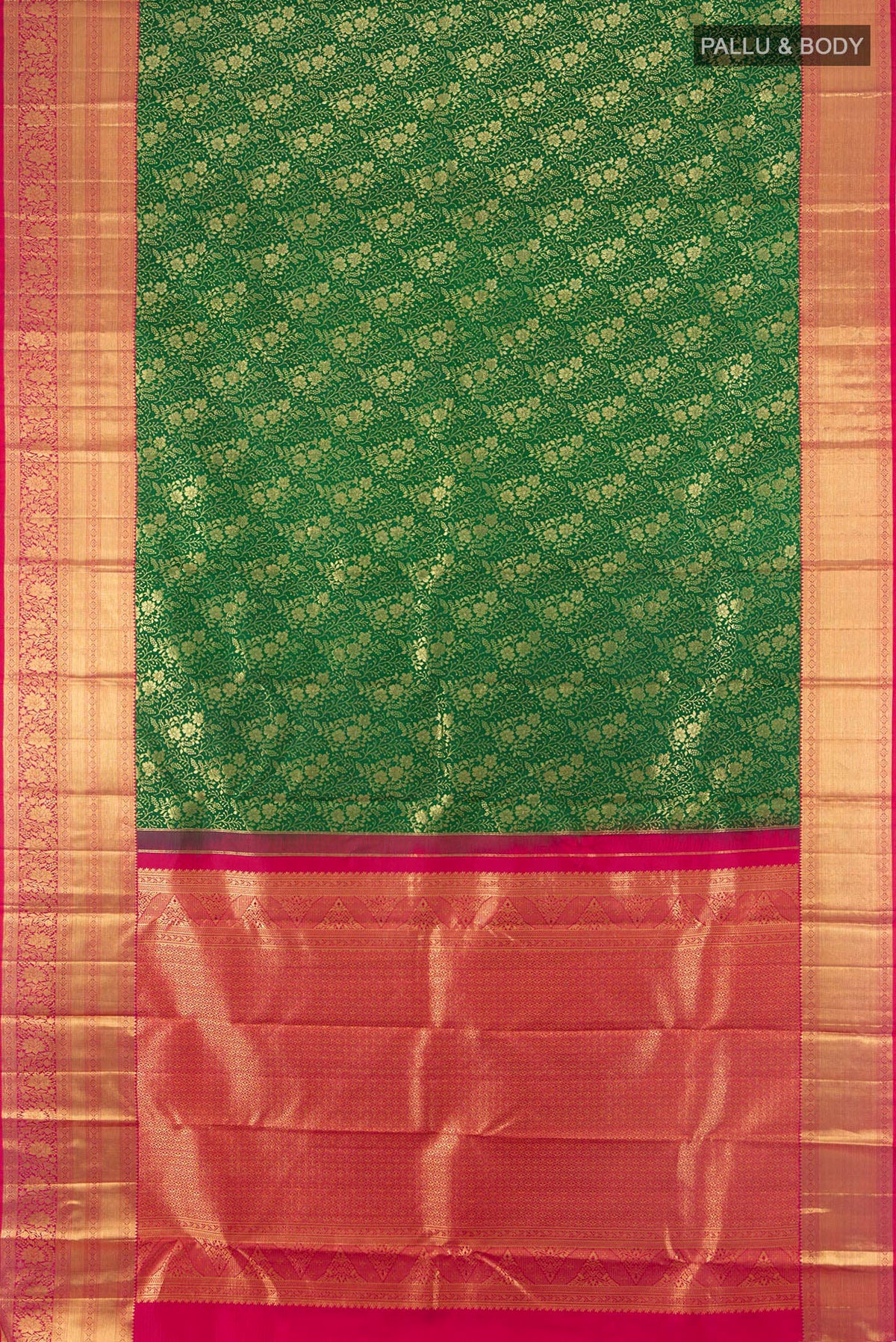 Flat view of Pure Silk Green Kanchipuram Saree with Zari Brocade on the body and Zari Border. 