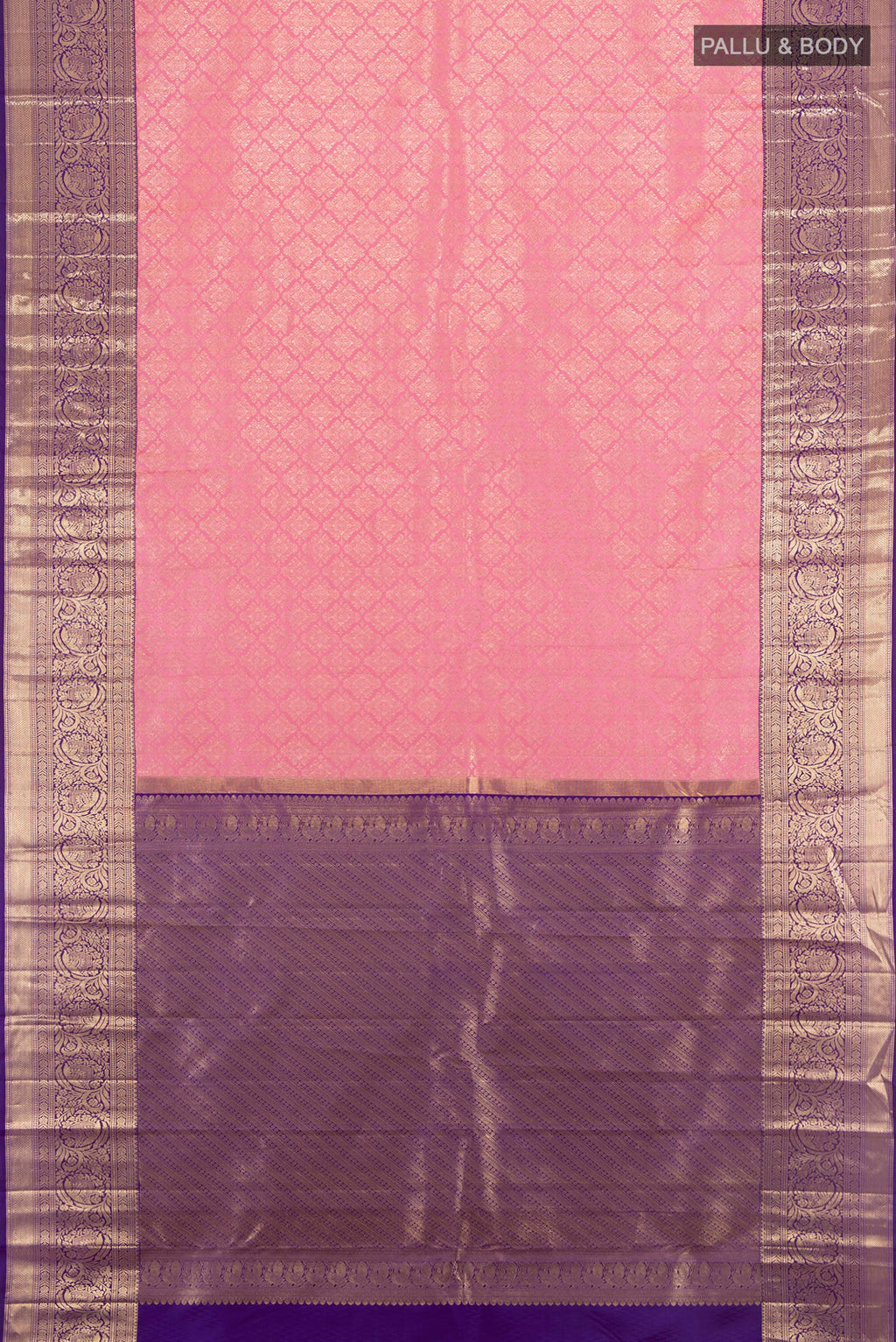 Flat view of Rose pink Kanchipuram Silk Saree with Zari Brocade on the body and Zari Border. 