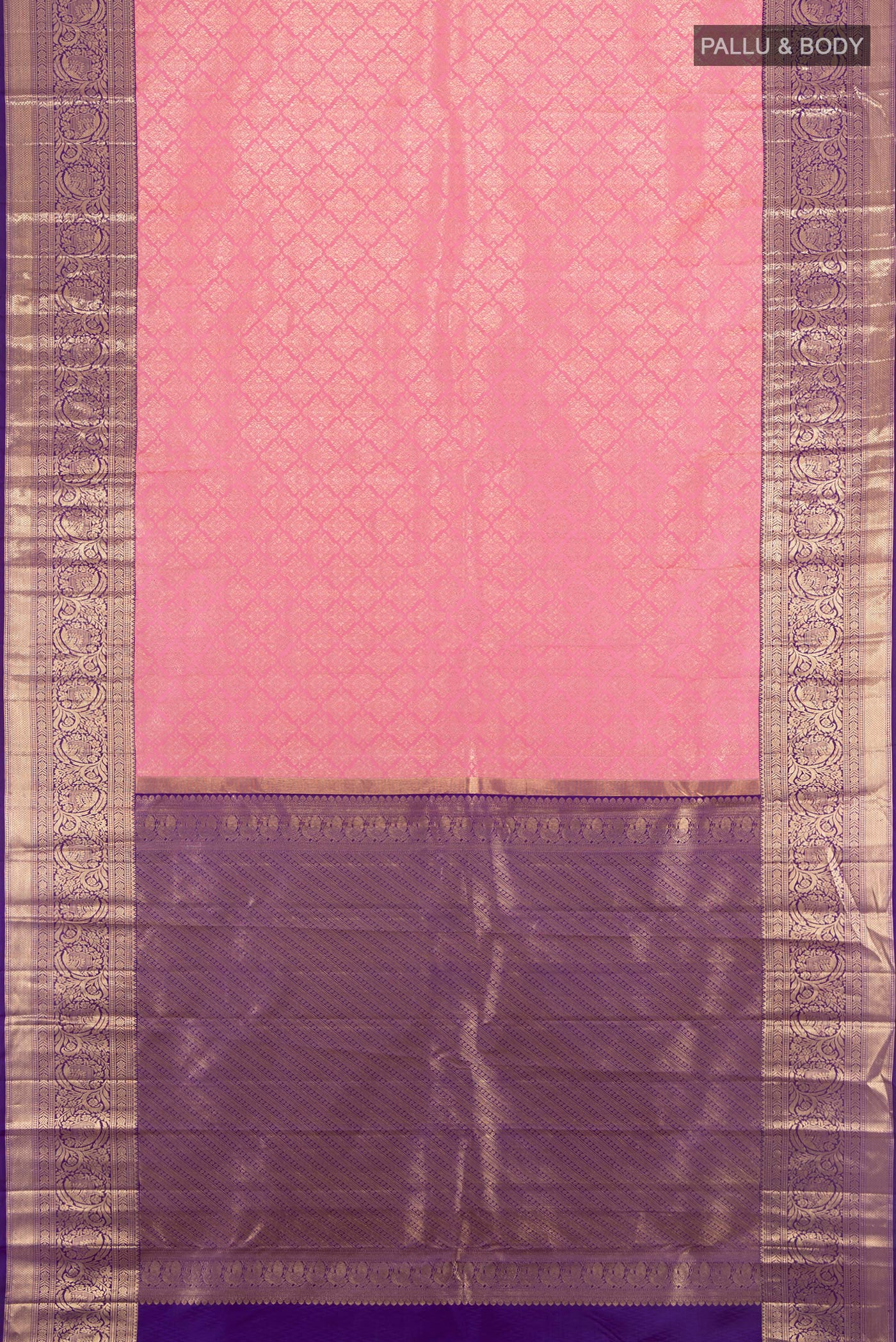 Flat view of Rose pink Kanchipuram Silk Saree with Zari Brocade on the body and Zari Border. 