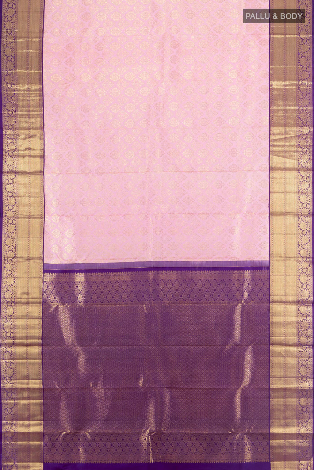 Flat view of Pure Silk Rose pink Kanchipuram Saree with Zari Brocade on the body and Zari Border. 