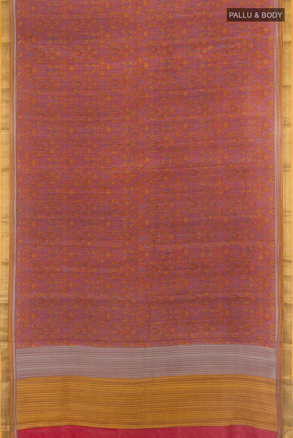 Flat view of Coral Crepe Saree with Printed design on the body and Zari Border. 
