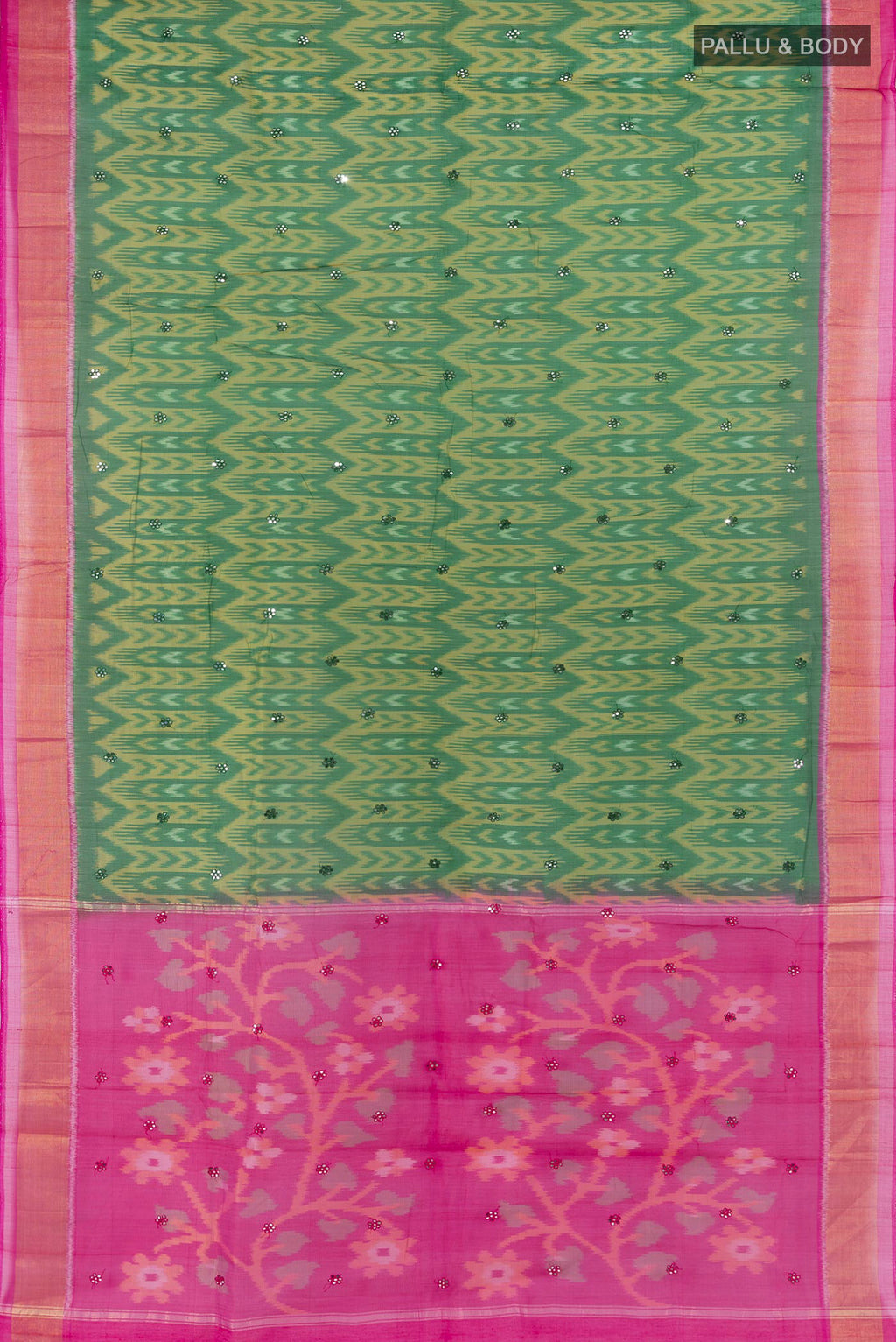 Flat view of Green Silk Cotton Saree with Ikat Print on the body and Zari Border. 