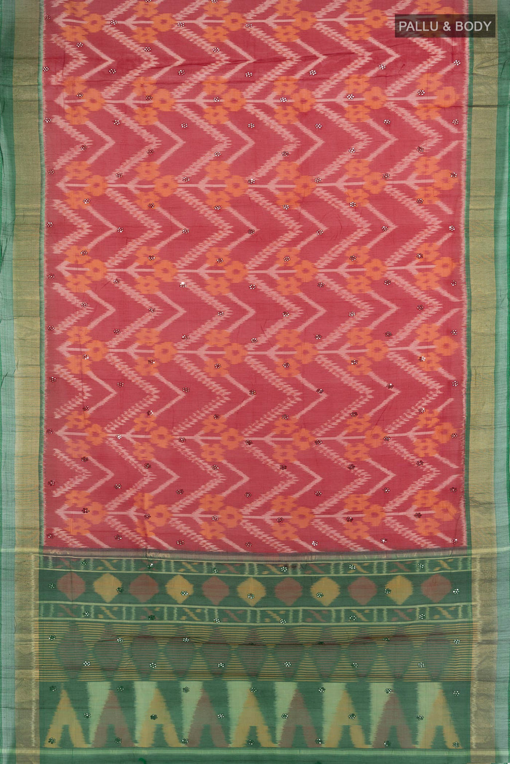 Flat view of Multi Color Kora Cotton Saree with Ikat Print on the body and Silk Border. 