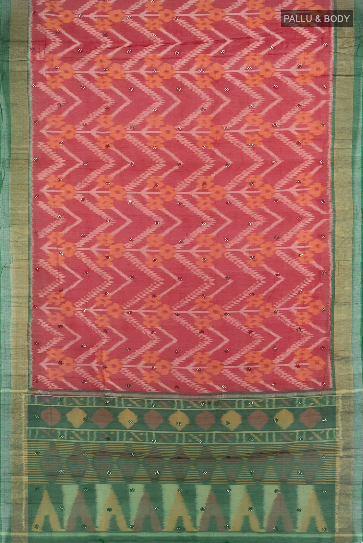 Flat view of Multi Color Kora Cotton Saree with Ikat Print on the body and Silk Border. 