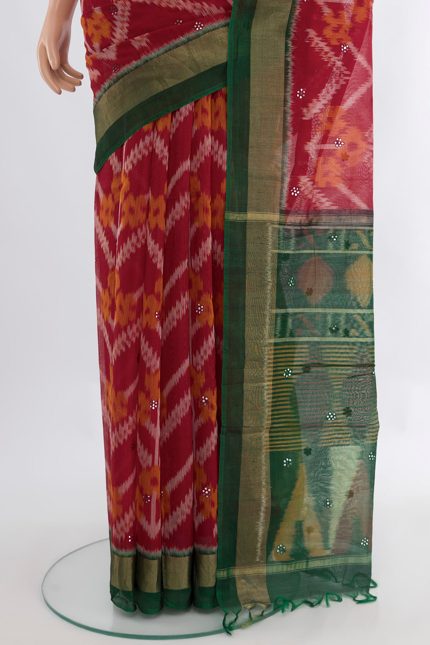 Pleats and pallu of Multi Color Kora Cotton Saree with Ikat Print on the body and Silk Border. 