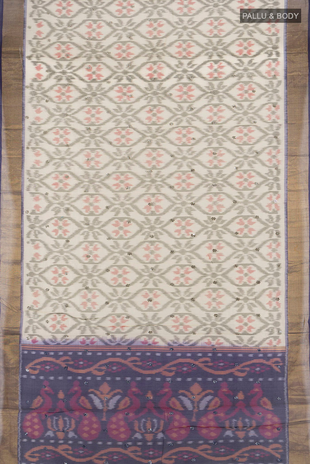 Flat view of Cream Silk Cotton Saree with Ikat Print on the body and Zari Border. 