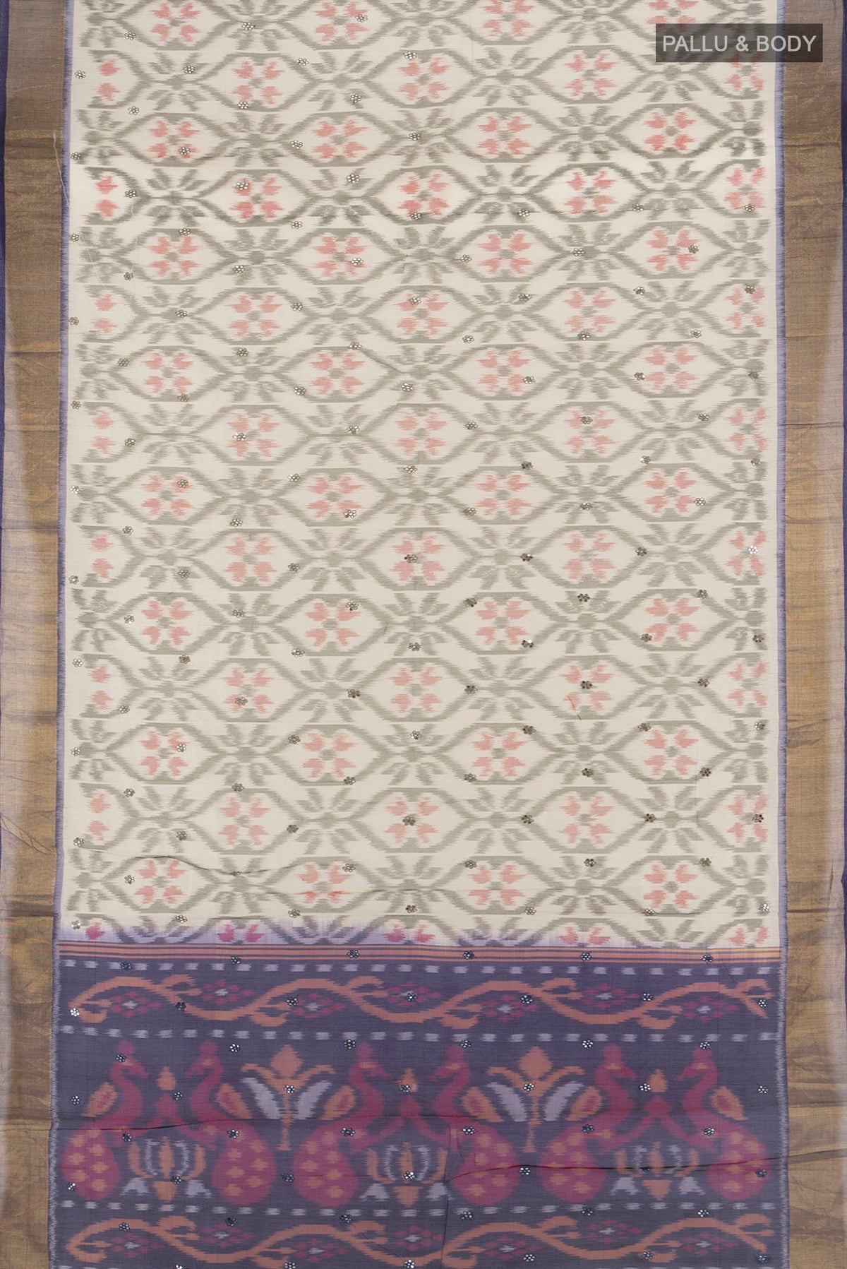 Flat view of Cream Silk Cotton Saree with Ikat Print on the body and Zari Border. 