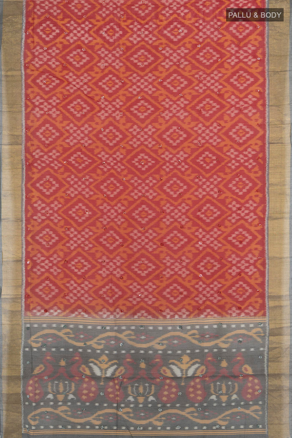 Flat view of Multi Color Kora Cotton Saree with Ikat Print on the body and Silk Border. 