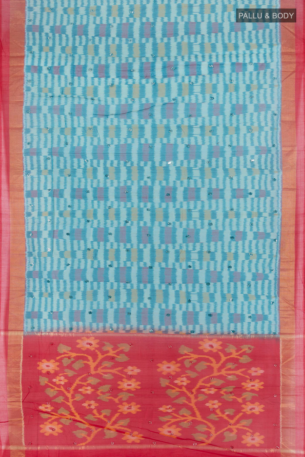 Flat view of Blue Silk Cotton Saree with Ikat Print on the body and Zari Border. 