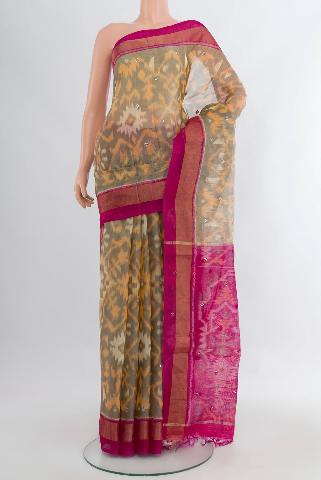 Grey Silk Cotton Saree with Ikat Print on the body and Zari Border.  displayed on a mannequin