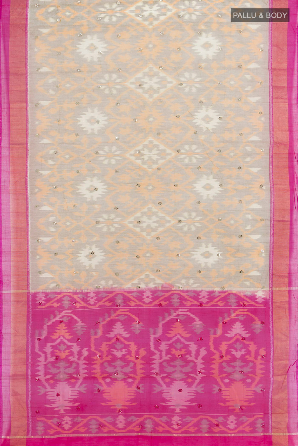 Flat view of Grey Silk Cotton Saree with Ikat Print on the body and Zari Border. 