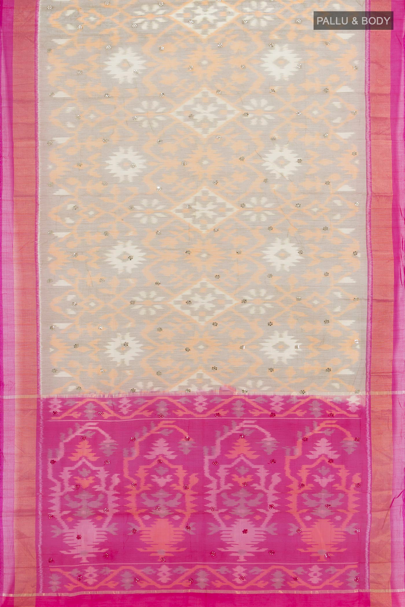 Flat view of Grey Silk Cotton Saree with Ikat Print on the body and Zari Border. 