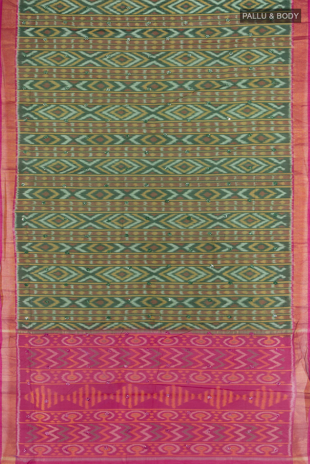 Flat view of Multi Color Kora Cotton Saree with Ikat Print on the body and Silk Border. 