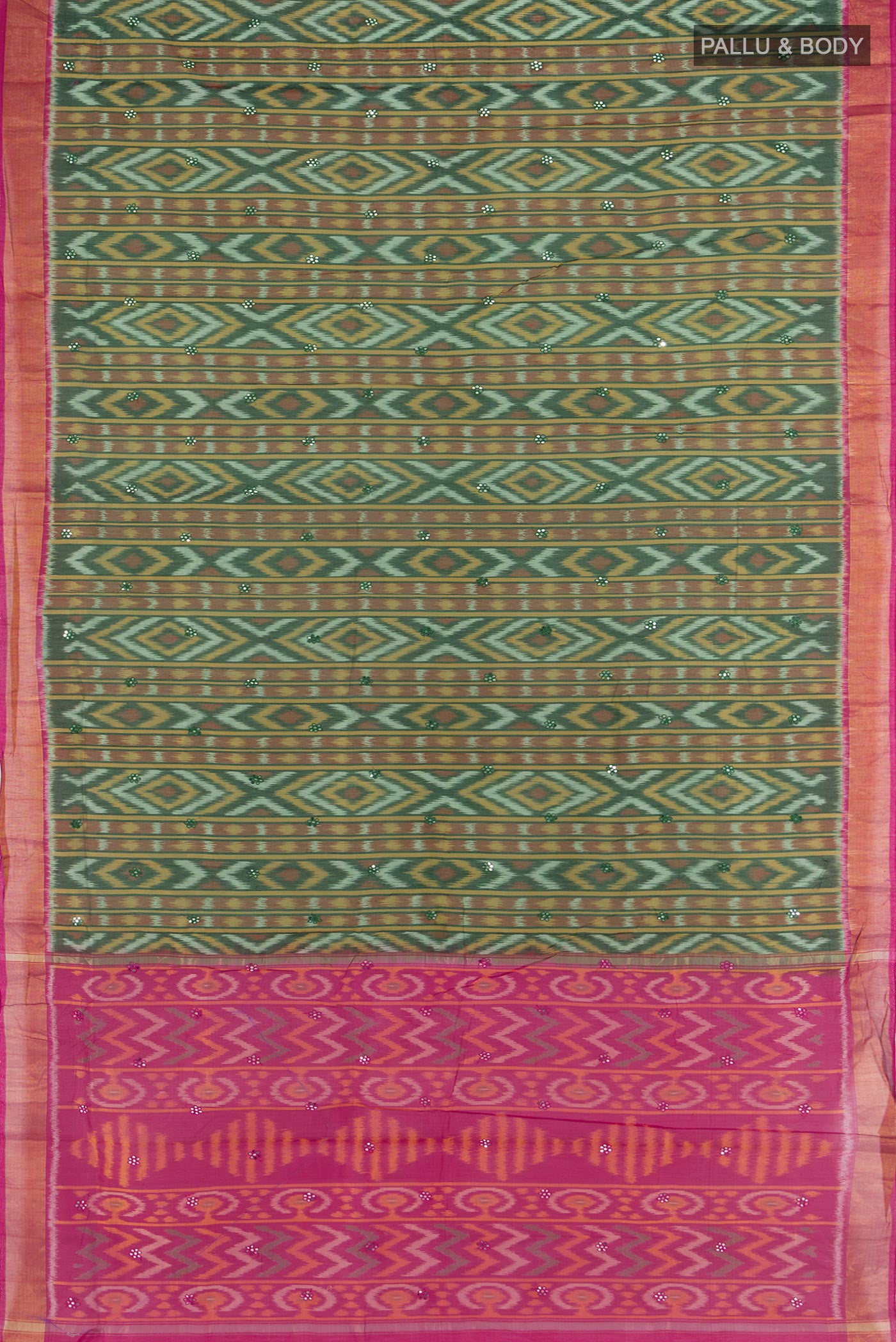 Flat view of Multi Color Kora Cotton Saree with Ikat Print on the body and Silk Border. 
