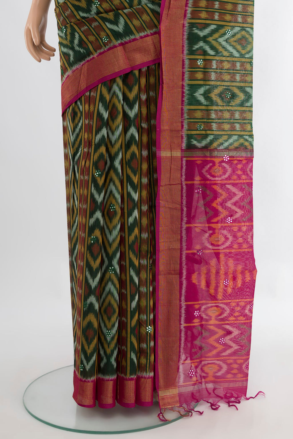 Pleats and pallu of Multi Color Kora Cotton Saree with Ikat Print on the body and Silk Border. 