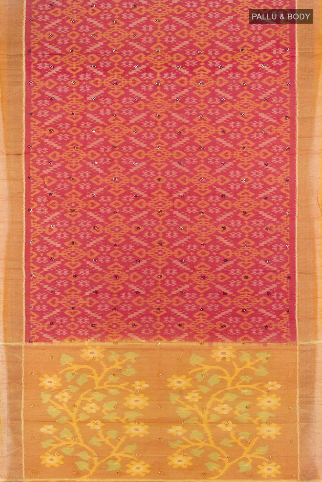 Flat view of Maroon Silk Cotton Saree with Ikat Print on the body and Zari Border. 