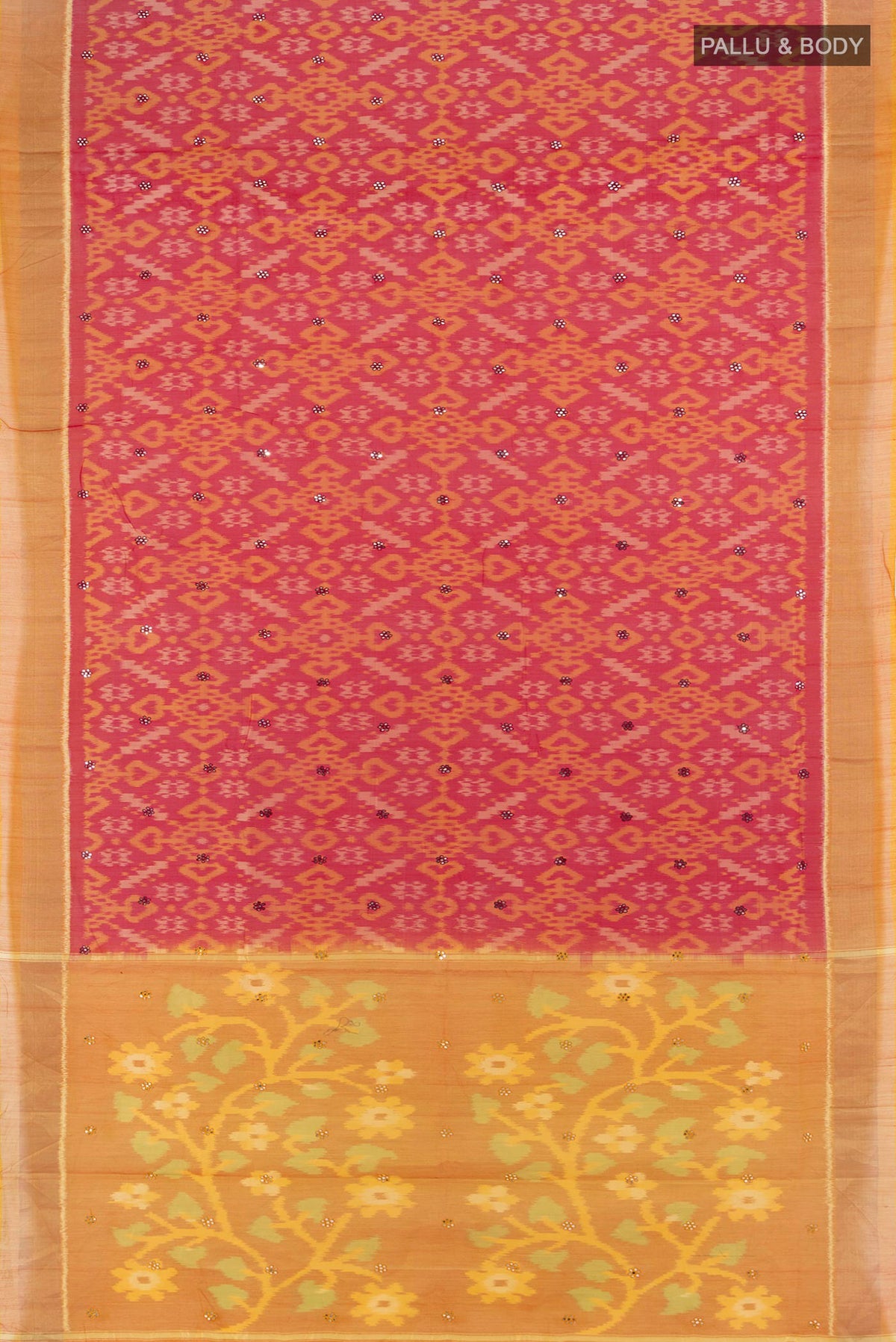 Flat view of Maroon Silk Cotton Saree with Ikat Print on the body and Zari Border. 