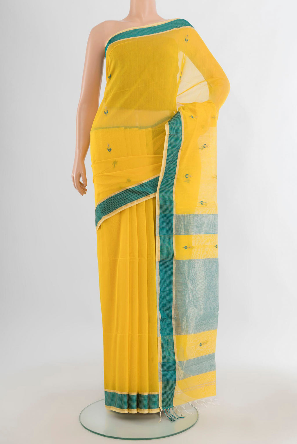 Yellow Maheshwari Cotton Saree with Thread Butta on the body and Thread Border.  displayed on a mannequin