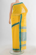Yellow Maheshwari Cotton Saree with Thread Butta on the body and Thread Border.  displayed on a mannequin