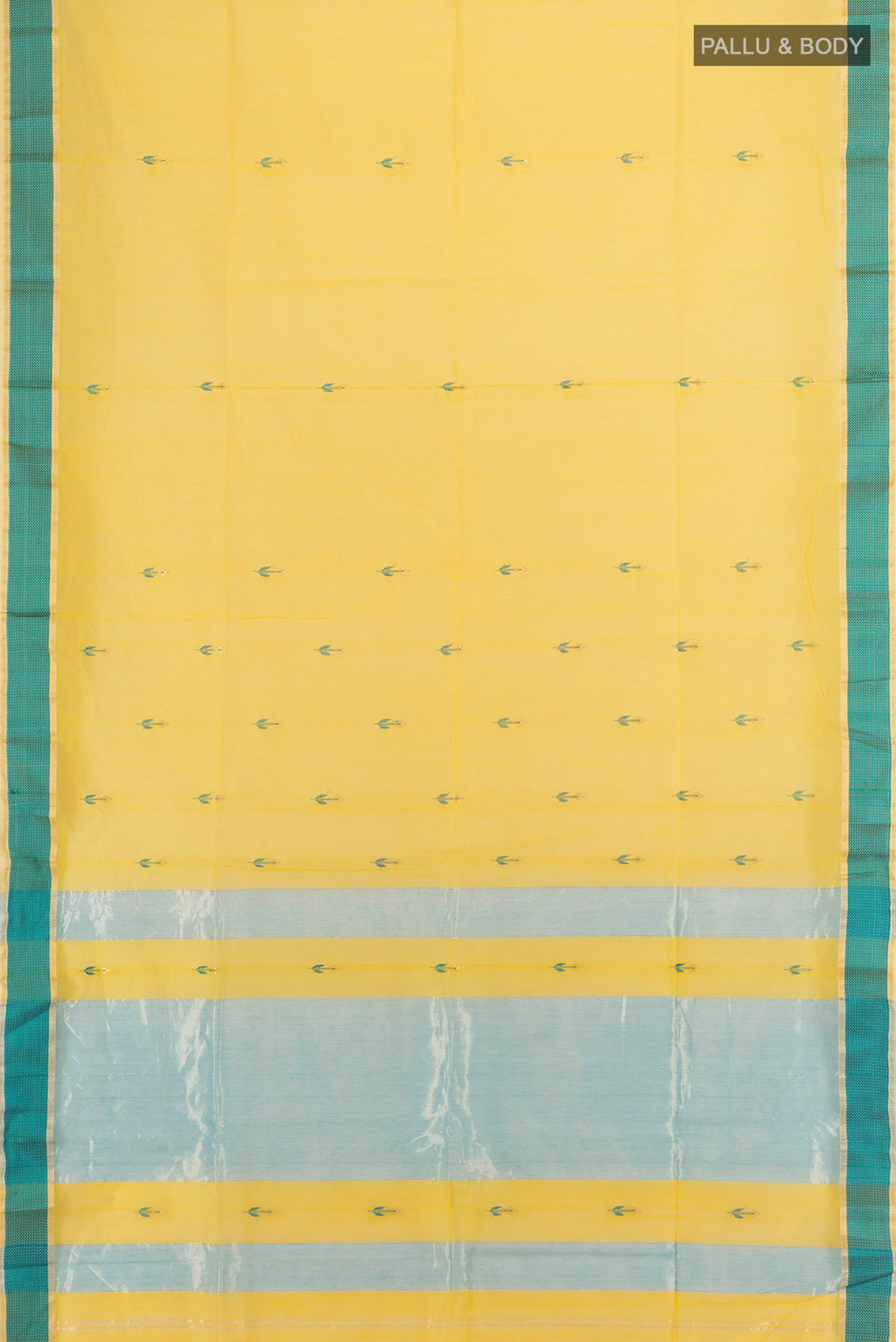 Flat view of Yellow Maheshwari Cotton Saree with Thread Butta on the body and Thread Border. 