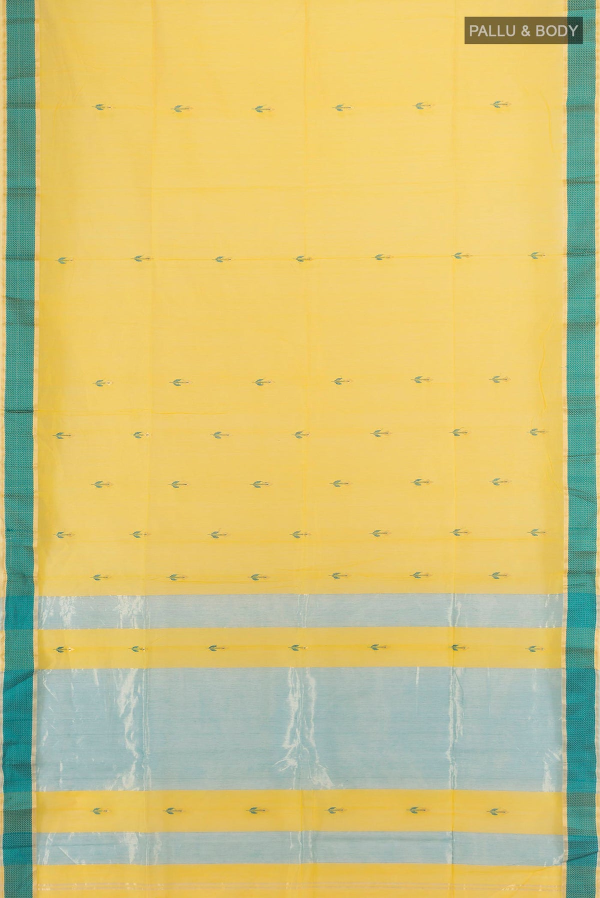 Flat view of Yellow Maheshwari Cotton Saree with Thread Butta on the body and Thread Border. 