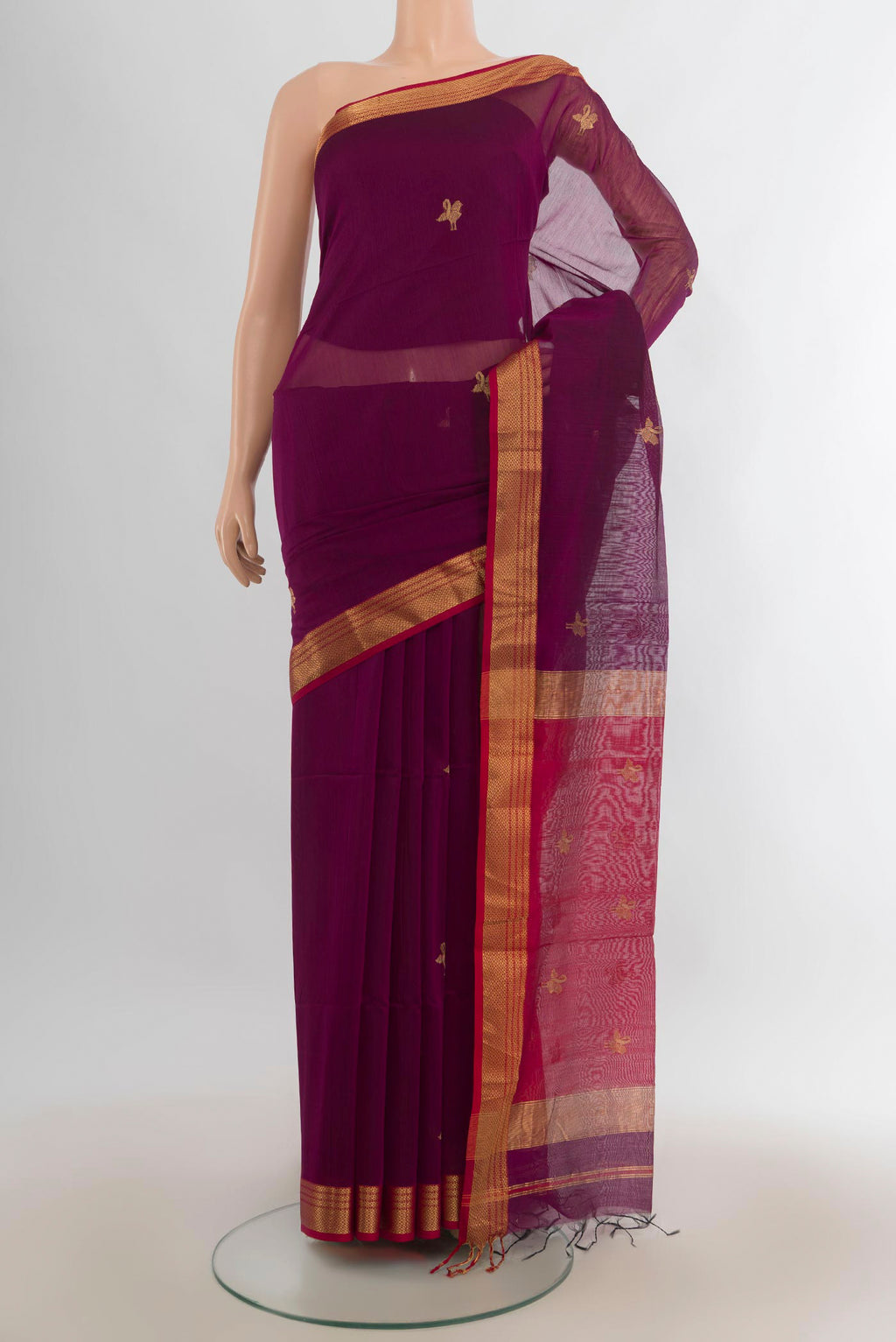 Purple Maheshwari Cotton Saree with Zari Butta on the body and Zari Border.  displayed on a mannequin