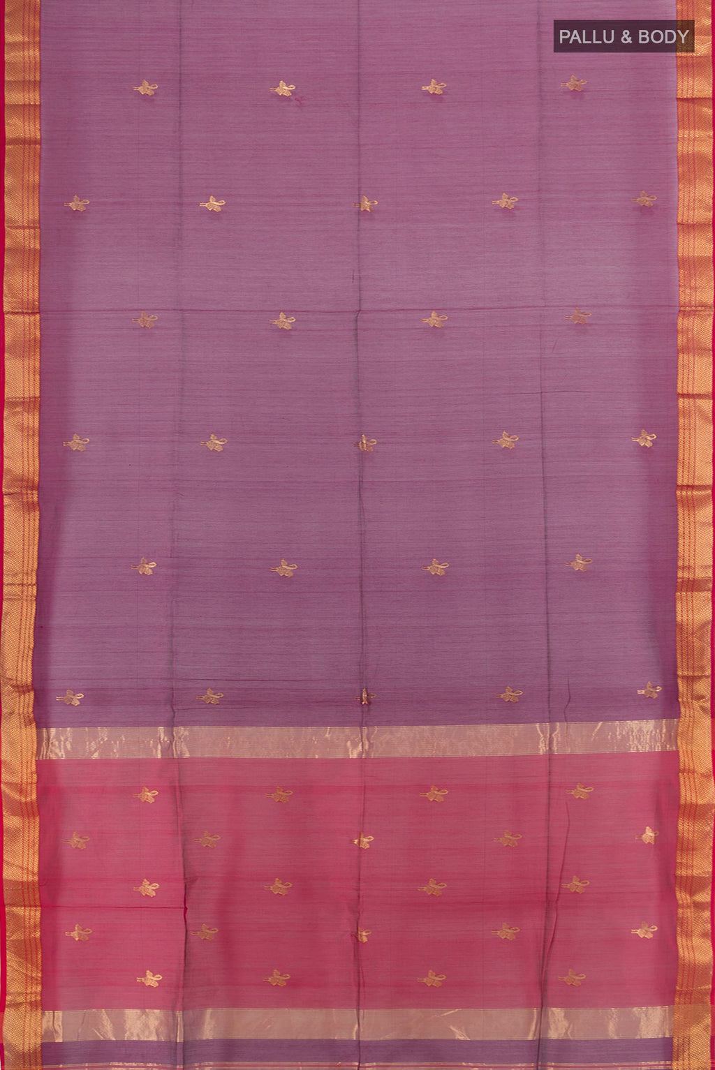 Flat view of Purple Maheshwari Cotton Saree with Zari Butta on the body and Zari Border. 
