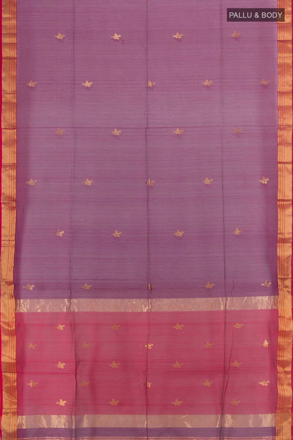 Flat view of Purple Maheshwari Cotton Saree with Zari Butta on the body and Zari Border. 