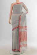 Davys Grey Maheshwari Cotton Saree with Zari And Thread Butta on the body and Zari Border.  displayed on a mannequin
