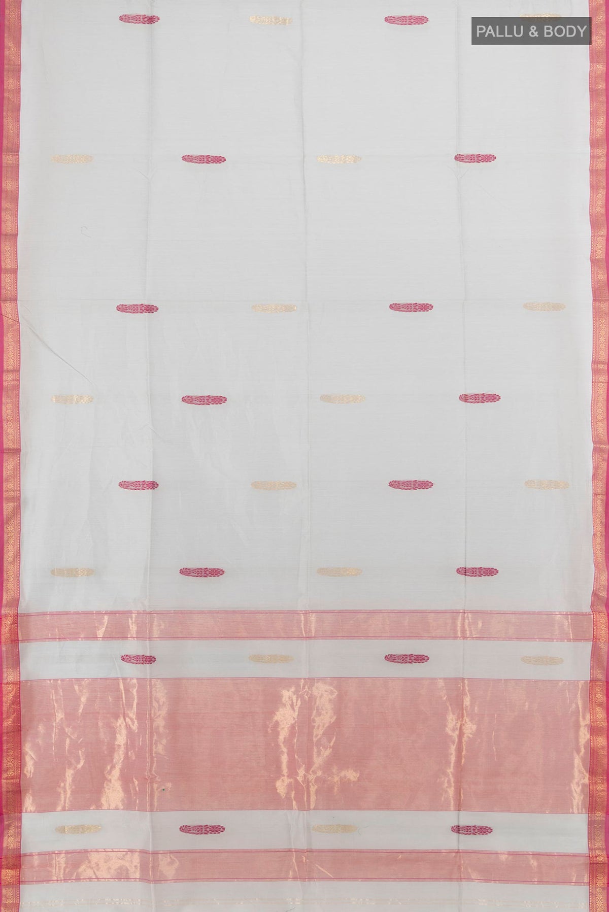 Flat view of Davys Grey Maheshwari Cotton Saree with Zari And Thread Butta on the body and Zari Border. 