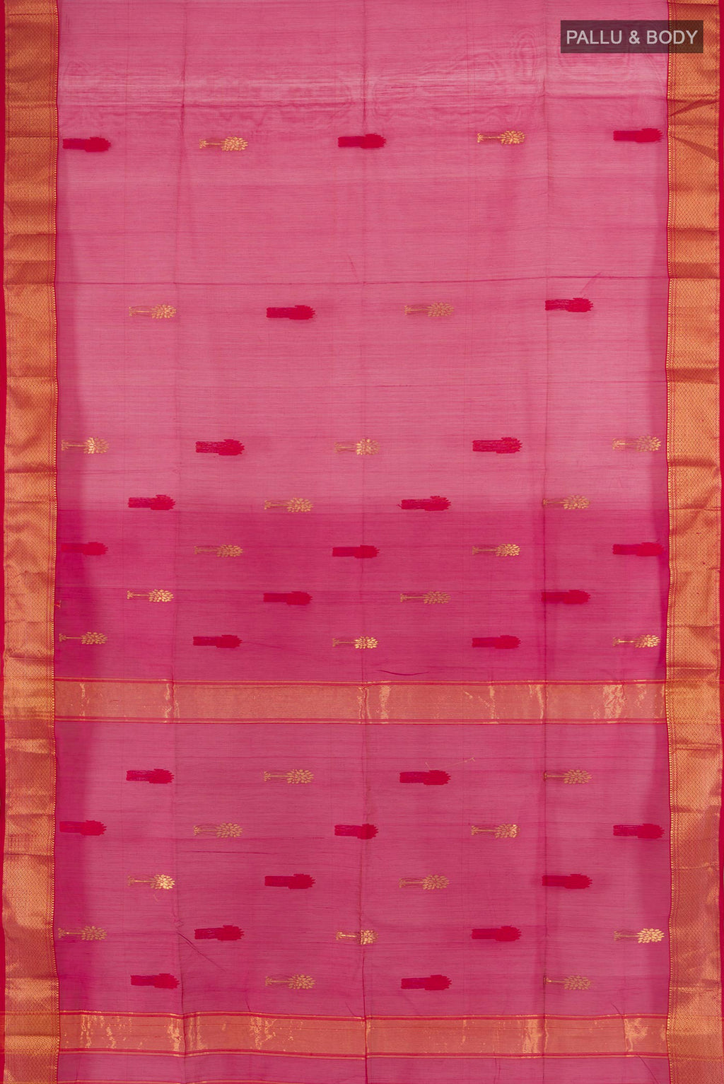 Flat view of Dark Pink Maheshwari Silk Cotton Saree with Zari Butta on the body and Silk Border. 