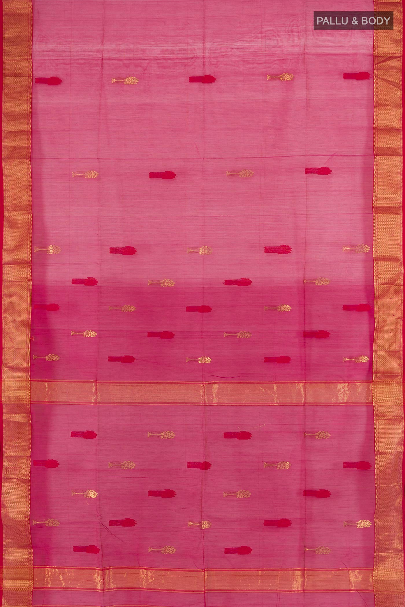 Flat view of Dark Pink Maheshwari Silk Cotton Saree with Zari Butta on the body and Silk Border. 