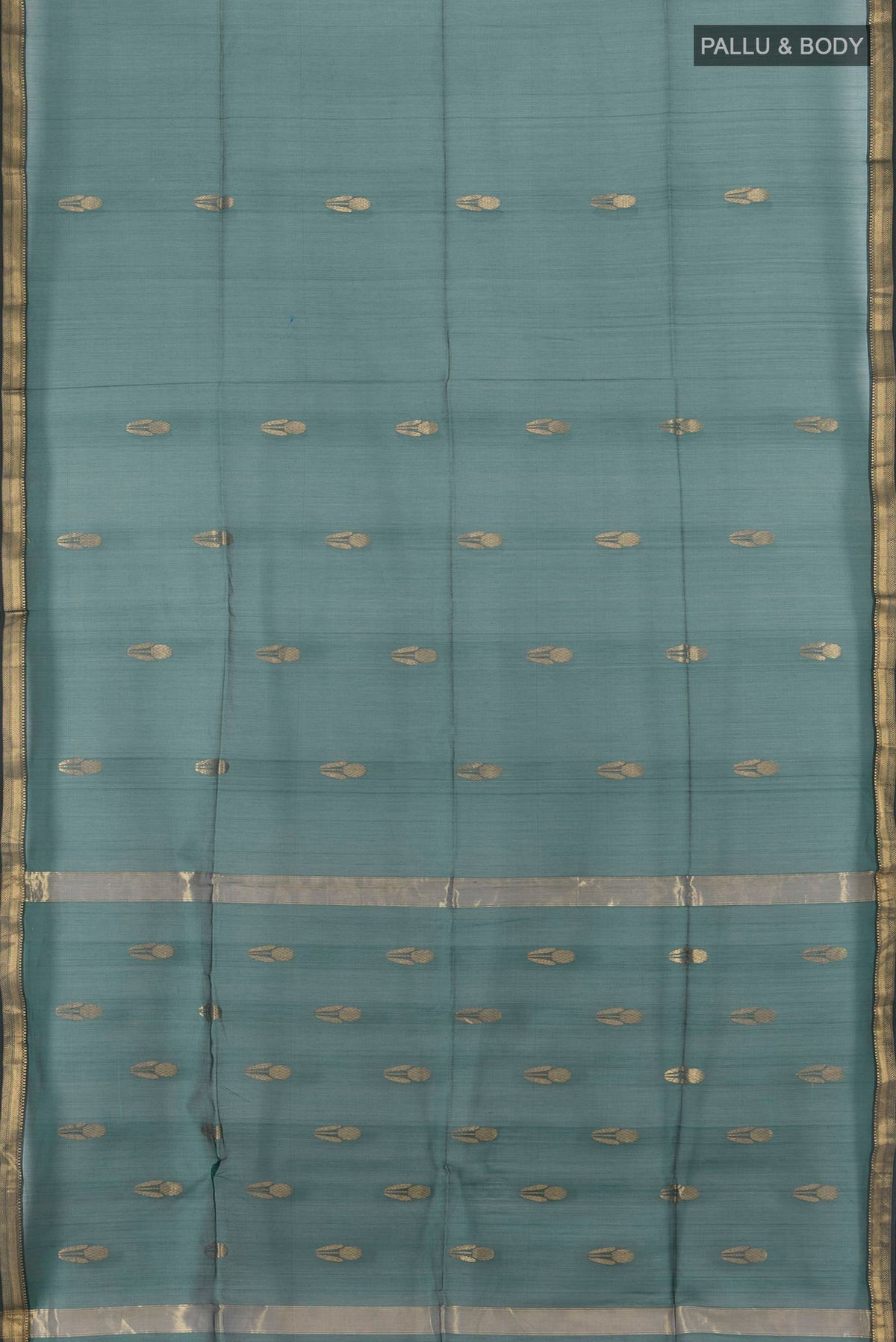 Flat view of Bottle Green Maheshwari Cotton Saree with Zari Butta on the body and Zari Border. 