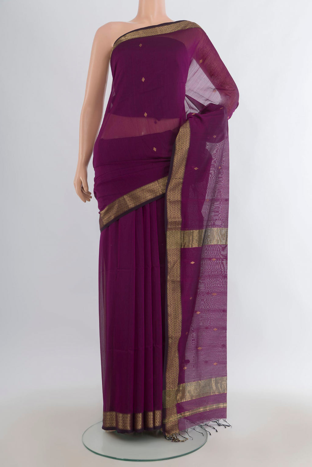 Purple Maheshwari Cotton Saree with Zari Butta on the body and Zari Border.  displayed on a mannequin