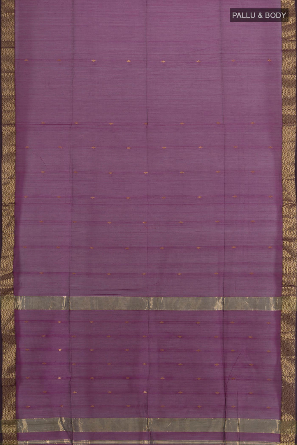 Flat view of Purple Maheshwari Cotton Saree with Zari Butta on the body and Zari Border. 