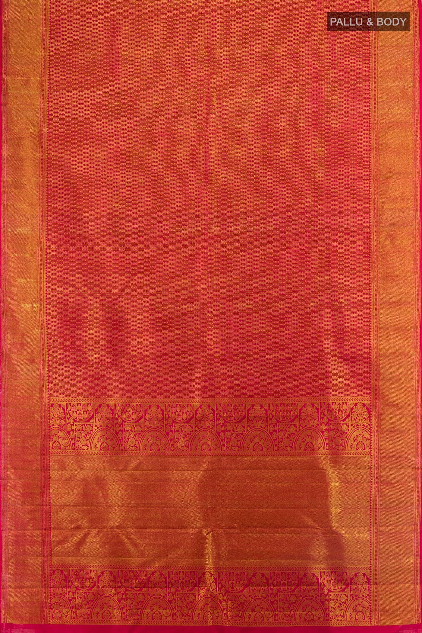 Flat view of Pure Silk Red Kanjivaram Saree with Zari Brocade on the body and Zari Border. 