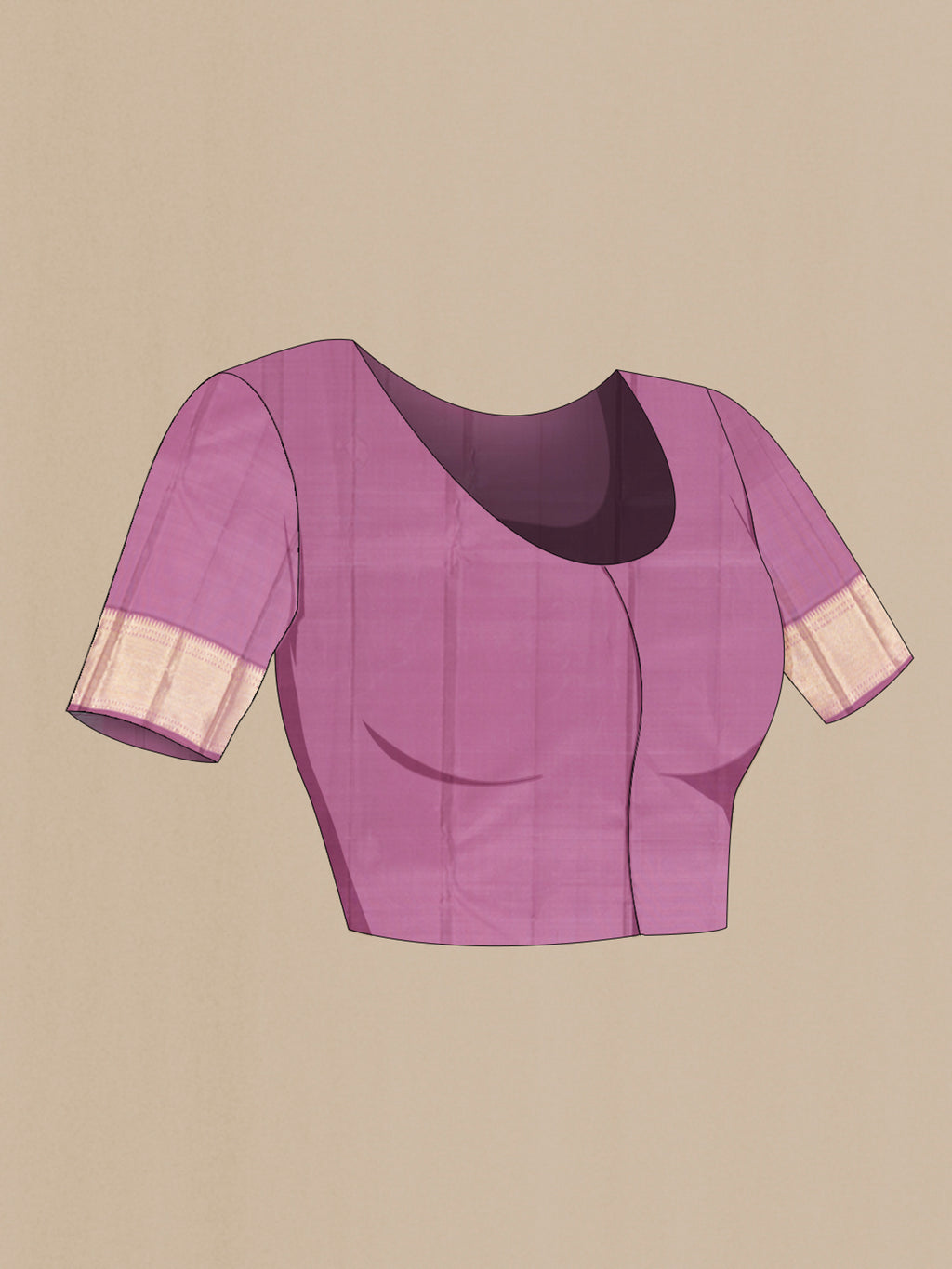 Close up image of the blouse of Pure Silk Pure Zari Lavender Kanjivaram Saree with Zari Butta on the body and Zari Border. 