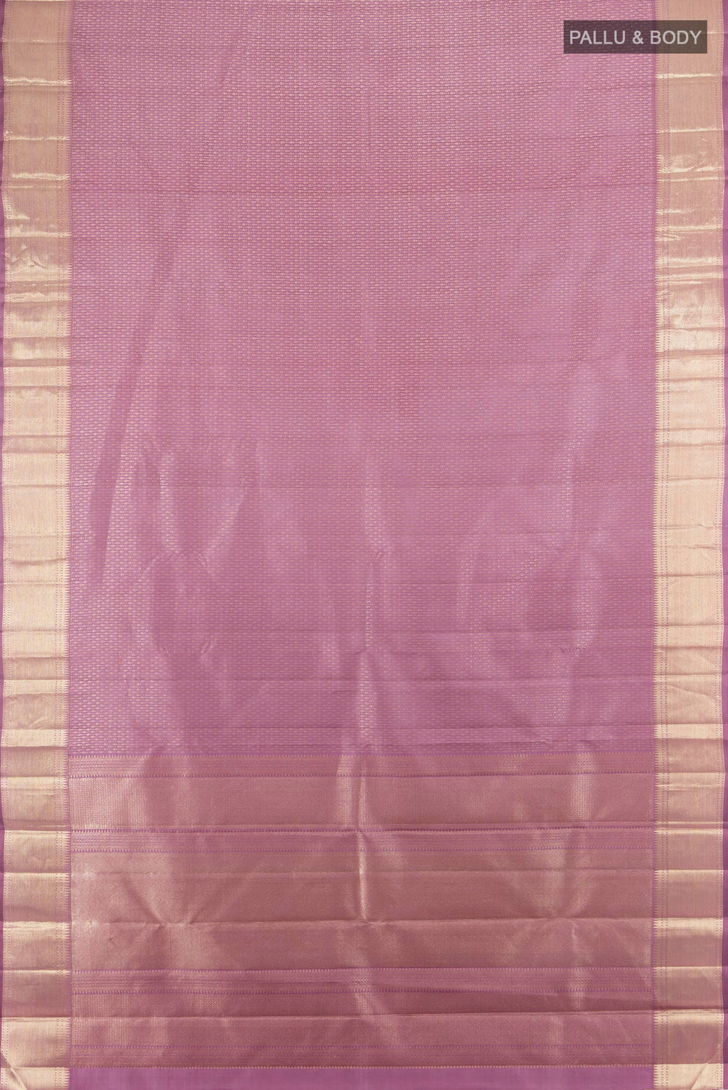 Flat view of Pure Silk Pure Zari Lavender Kanjivaram Saree with Zari Butta on the body and Zari Border. 