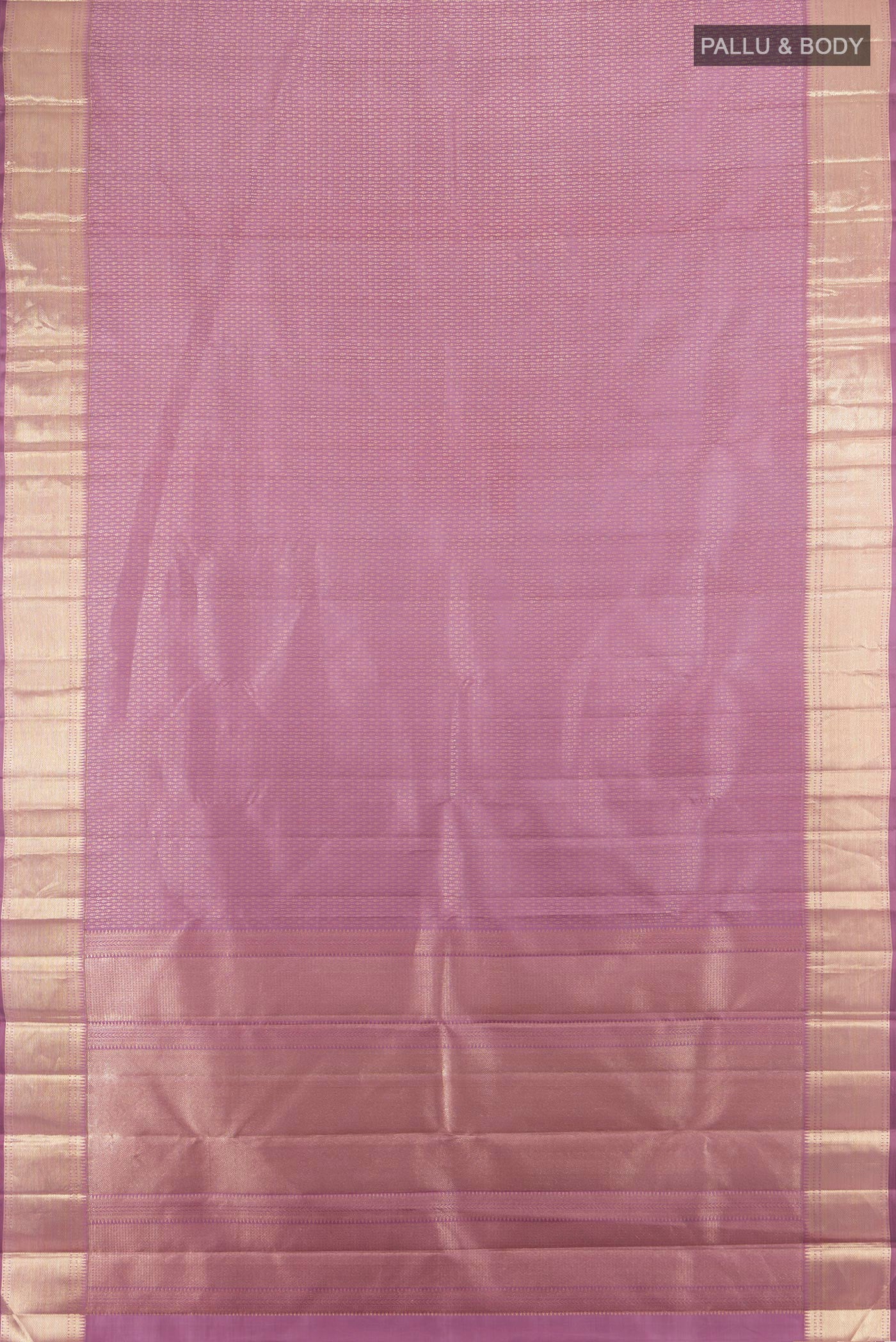 Flat view of Pure Silk Pure Zari Lavender Kanjivaram Saree with Zari Butta on the body and Zari Border. 