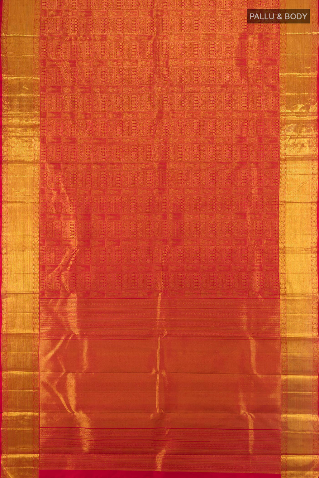 Flat view of Pure Silk Maroon Kanjivaram Saree with Zari Brocade on the body and Zari Border. 