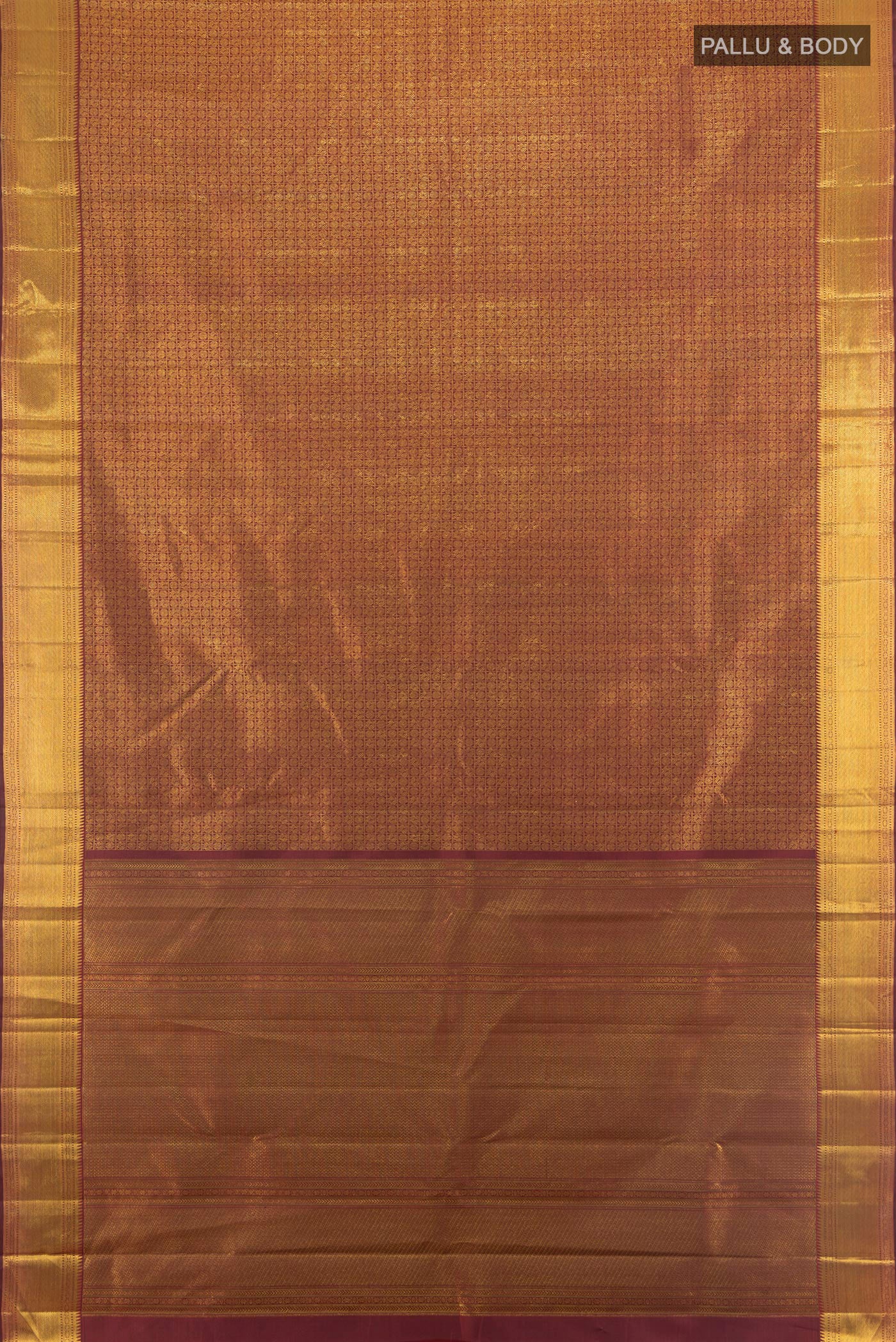 Flat view of Pure Silk Pure Zari Coffee Brown Kanjivaram Saree with Zari Brocade on the body and Zari Border. 